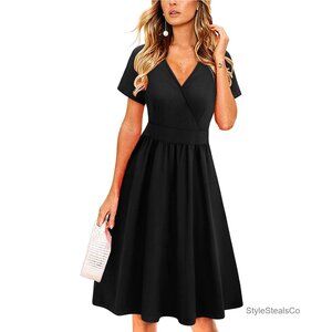 Short Sleeve V-Neck Wrap Dress with Pockets Midi Summer Casual